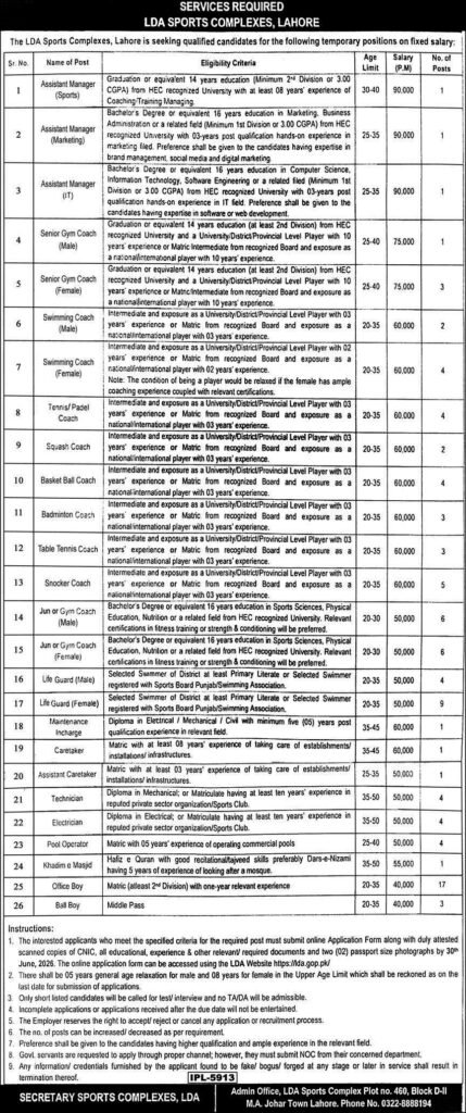 LDA Sports Complexes Lahore Jobs 2026 Advertisement
