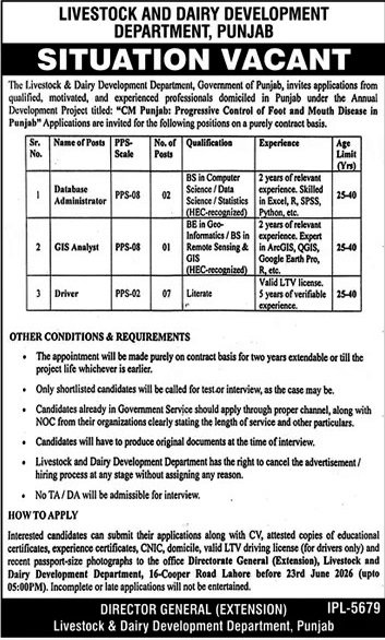 Official newspaper recruitment advertisement layout for Database Administrator and GIS Analyst vacancies at Livestock and Dairy Development Department Punjab