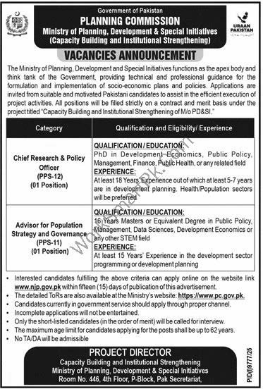 Official newspaper advertisement layout for Chief Research Policy Officer and Advisor posts at Ministry of Planning Commission Islamabad
