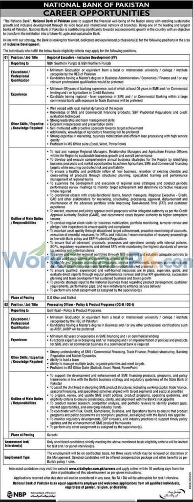 NBP Jobs 2026 – National Bank of Pakistan Advertisement for Regional Executive, Relationship Manager SME, Unit Head Admin and HR Positions.