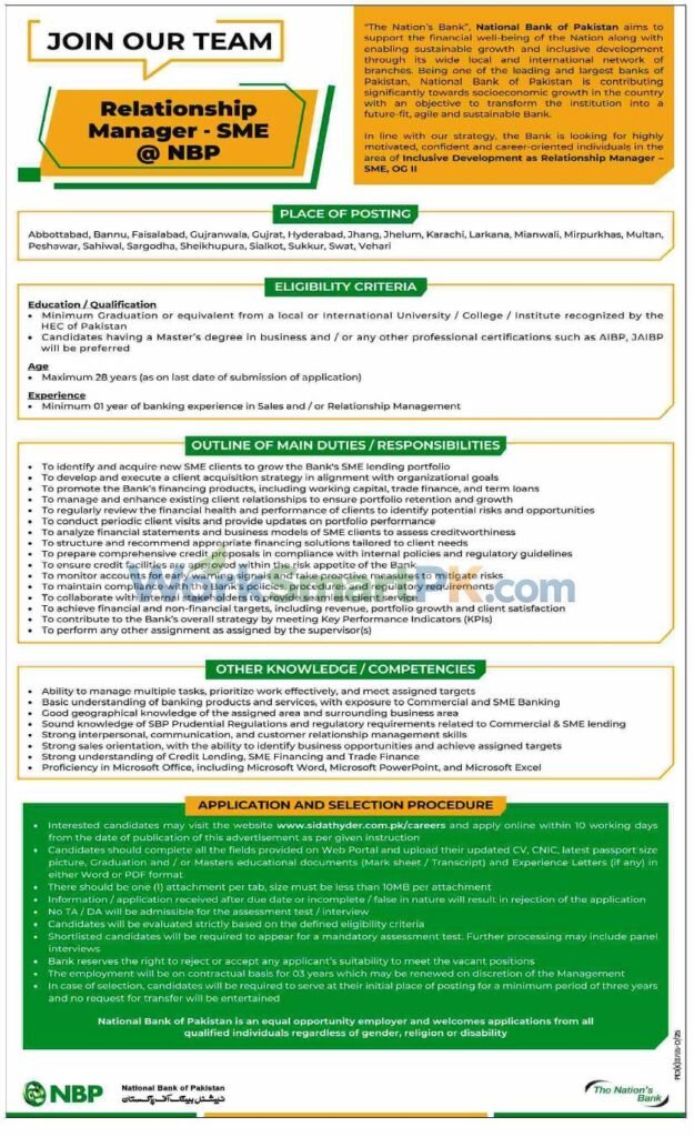 NBP Jobs 2026 – National Bank of Pakistan Advertisement for Regional Executive, Relationship Manager SME, Unit Head Admin and HR Positions.