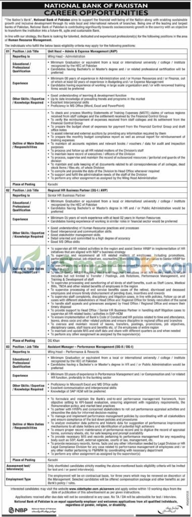 NBP Jobs 2026 – National Bank of Pakistan Advertisement for Regional Executive, Relationship Manager SME, Unit Head Admin and HR Positions.