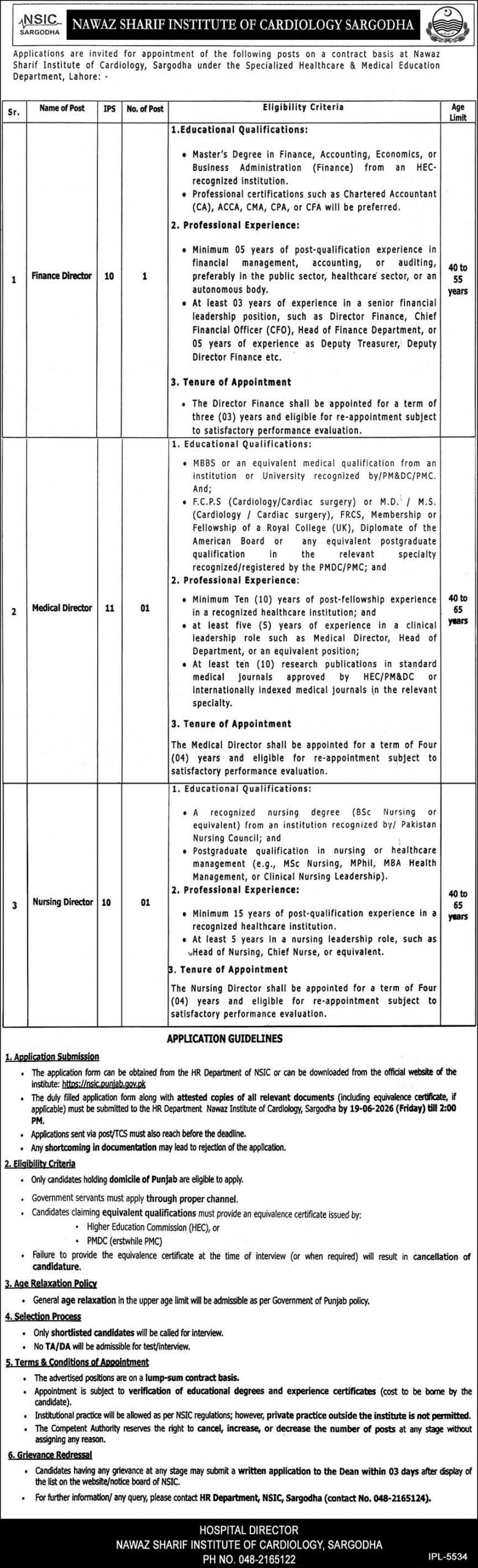 Official newspaper recruitment advertisement layout for Finance, Medical, and Nursing Director vacancies at Nawaz Sharif Institute of Cardiology NSIC Sargodha