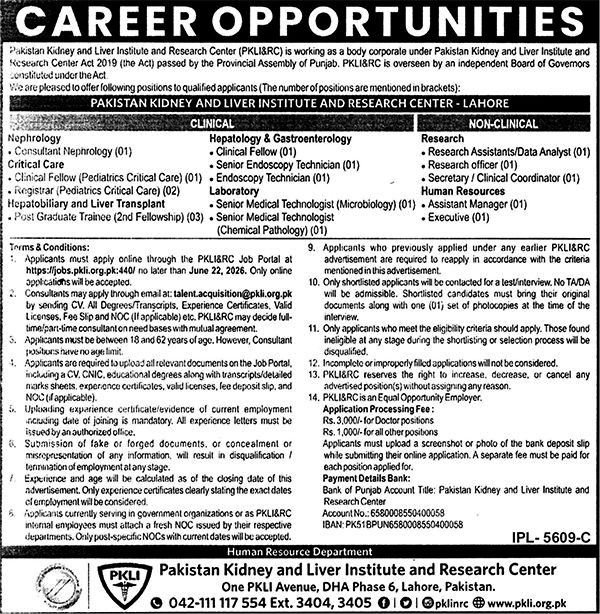 Official newspaper advertisement layout for clinical and non-clinical positions at Pakistan Kidney and Liver Institute PKLI Lahore