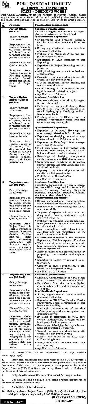 Official newspaper recruitment advertisement layout for project staff and technical dredging vacancies at Port Qasim Authority PQA Karachi