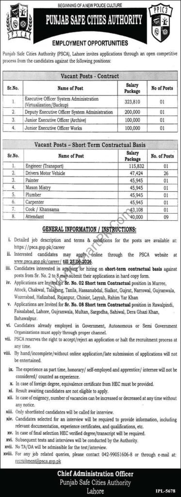 Apply online for Punjab Safe Cities Authority Jobs 2026. 44 vacancies open for Executive Officers, Drivers, & Engineers. Apply before June 23, 2026.