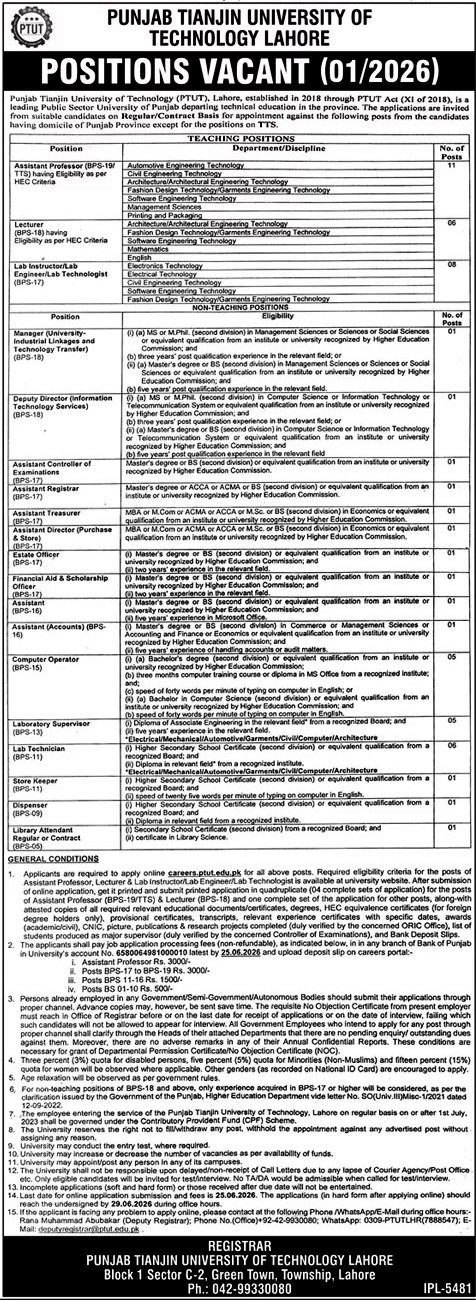Official newspaper advertisement layout for teaching and non-teaching vacancies at Punjab Tianjin University of Technology PTUT Lahore