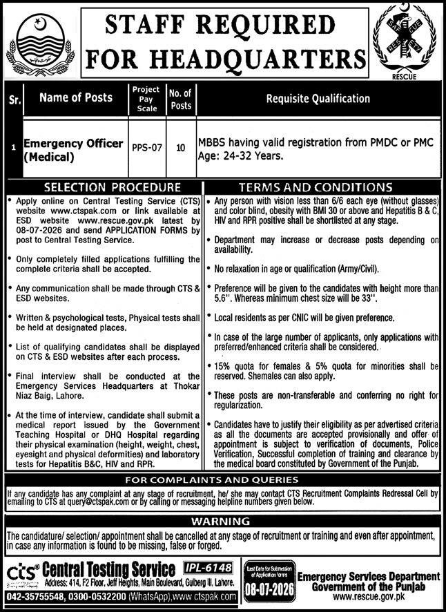 Rescue 1122 Punjab Emergency Officer Medical Jobs Advertisement