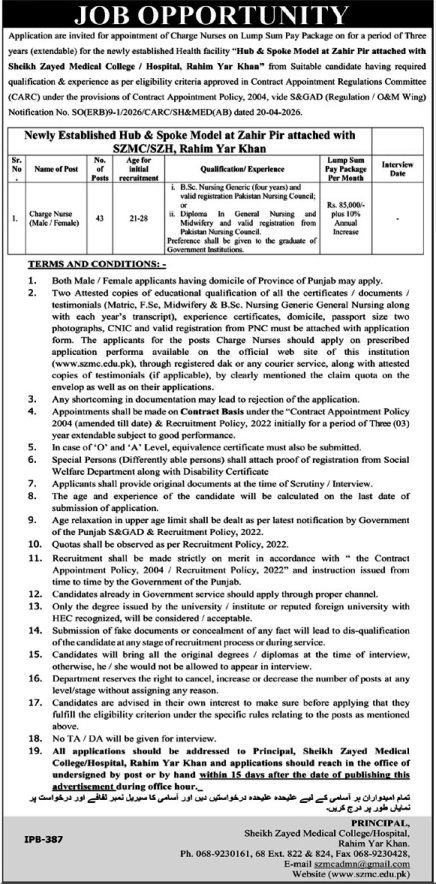 Sheikh Zayed Hospital Rahim Yar Khan Charge Nurse Job Advertisement