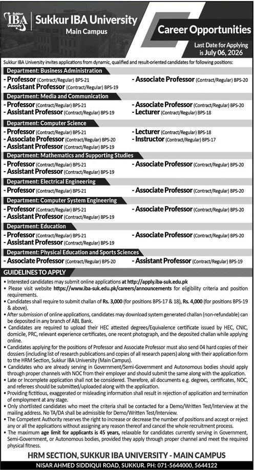Official newspaper advertisement layout for Professor and Lecturer vacancies at Sukkur IBA University Main Campus
