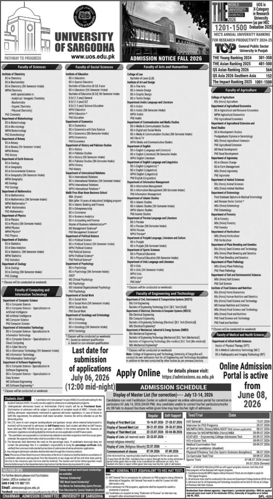 University of Sargodha Admissions 2026 Fall Newspaper Advertisement