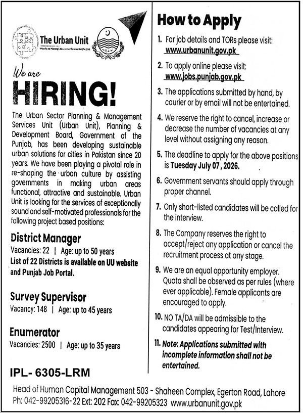 Urban Unit Punjab Lahore District Manager Survey Supervisor Enumerator Job Advertisement