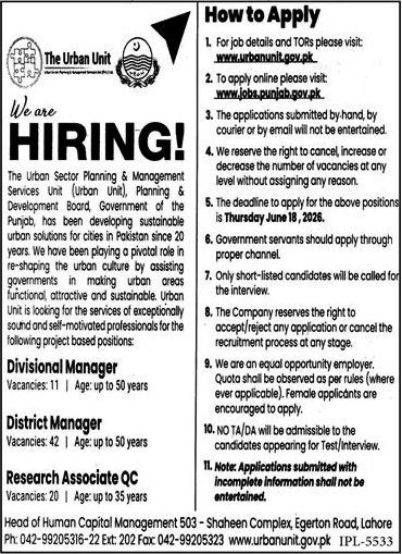 Official newspaper recruitment advertisement layout for Manager and Research Associate vacancies at The Urban Unit Lahore Punjab