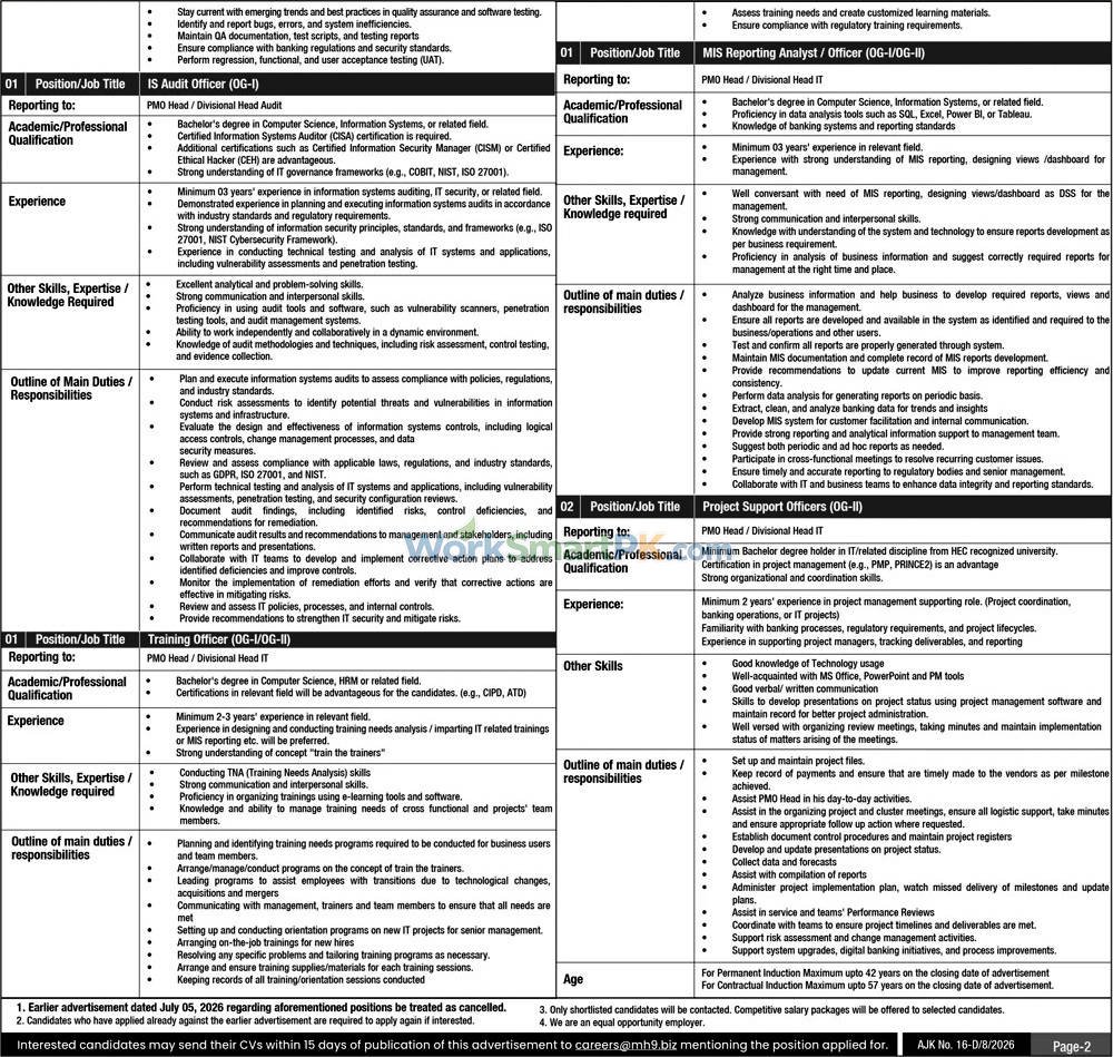 Bank of Azad Jammu and Kashmir BAJK IT Recruitment Advertisement 2026 Daily Jang