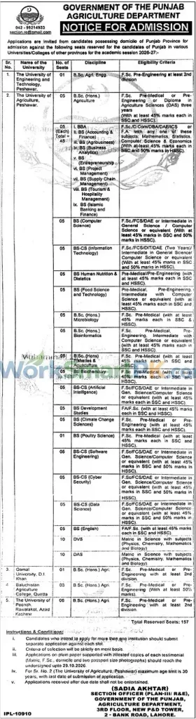 Agriculture Department Punjab Notice for Admission Jang 16-10-2026