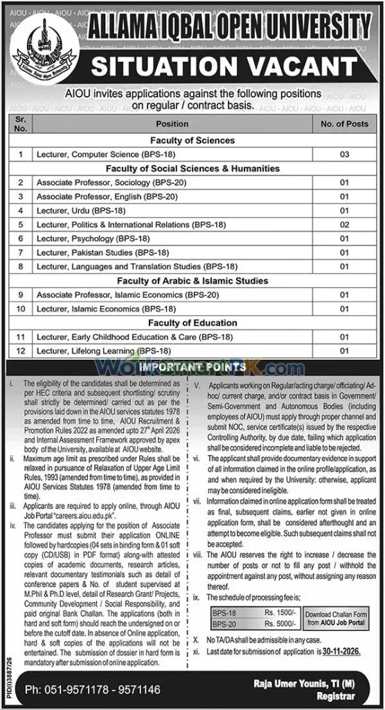 Allama Iqbal Open University Islamabad Faculty Jobs Nawai Waqat 28-10-2026