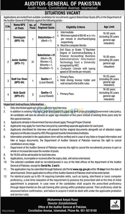 Auditor General of Pakistan Islamabad 31 Junior Auditor Jobs Jang 25-10-2026