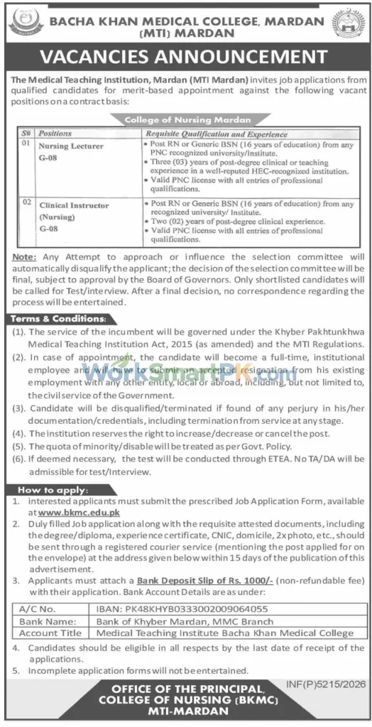 Bacha Khan Medical College Mardan Jobs Dawn 17-10-2026
