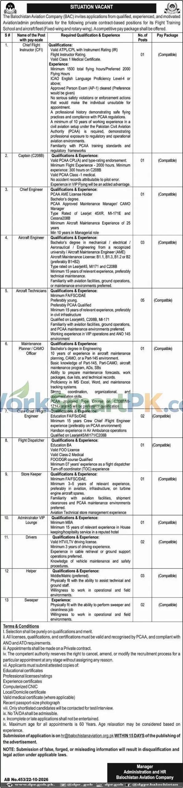 Balochistan Aviation Company BAC Chief Flight Instructor Jobs Express 23-10-2026