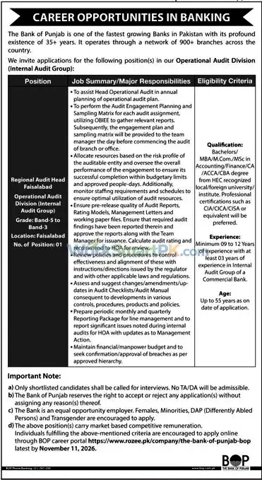 Bank of Punjab Regional Audit Head Jobs Jang 28-10-2026