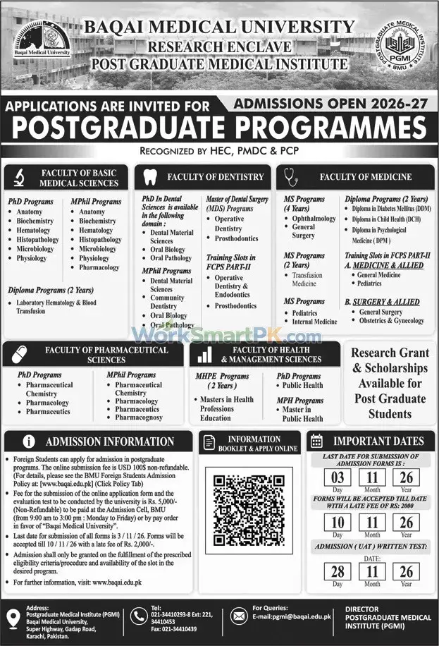 Baqai Medical University Prost Graduate Program Admissions Jang 18-10-2026