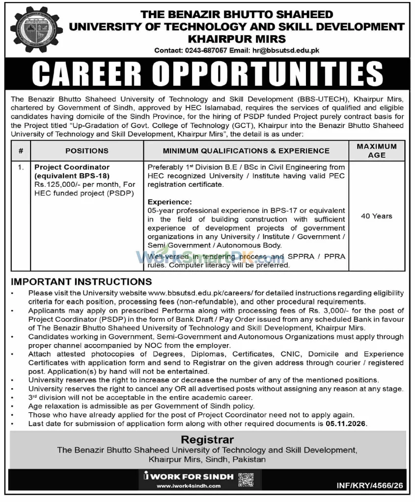 Benazir Bhutto Shaheed University of Technology Khairpur Mirs Project Coordinator Jobs Dawn 17-10-2026