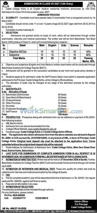 Cadet College Kohlu Admissions Jang 28-10-2026