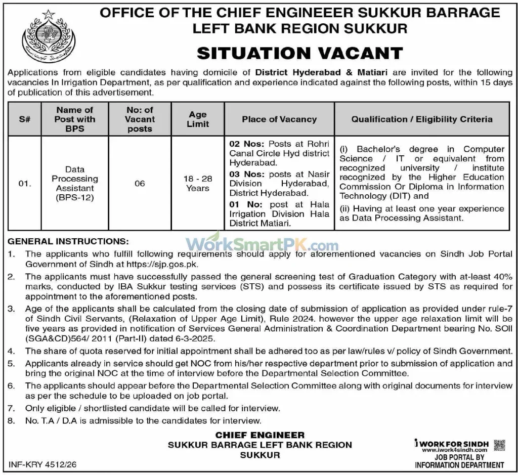 Chief Engineer Sukkur Barrage Left Bank Region Sukkur 06 Data Processing Assistant Jobs DAWN 10-10-2026
