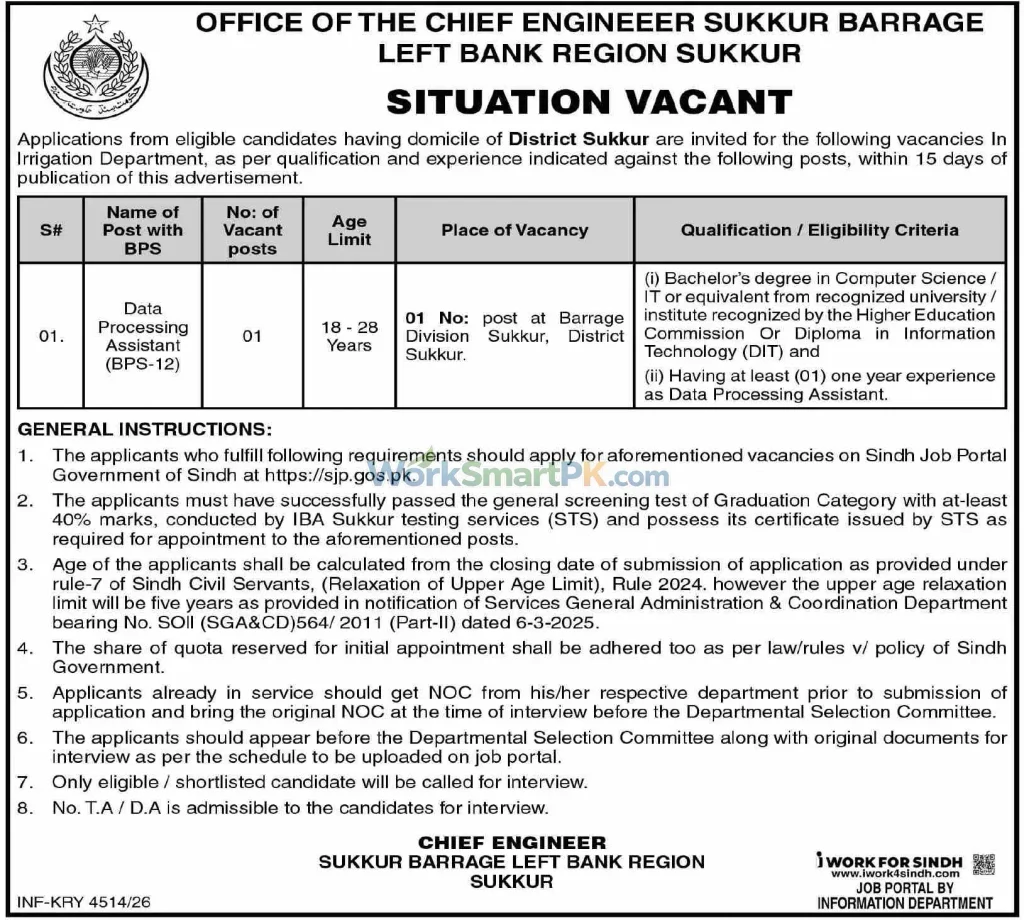 Chief Engineer Sukkur Barrage Left Bank Region Sukkur Jobs DAWN 10-10-2026