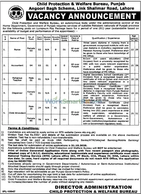 Child Protection & Welfare Bureau Punjab Lahore 111 Child Attendants Jobs Jang 18-10-2026