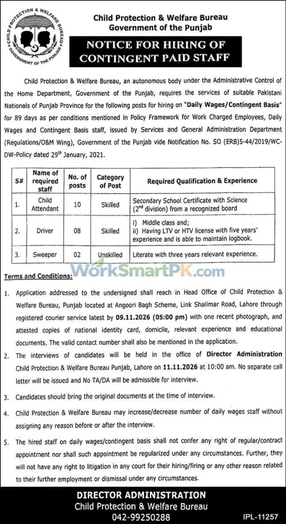 Child Protection & Welfare Bureau Punjab Lahore Skilled Jobs on Daily Wages Express 24-10-2026
