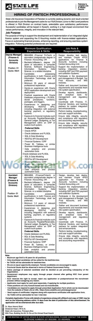 State Life Insurance Corporation Pakistan Jobs