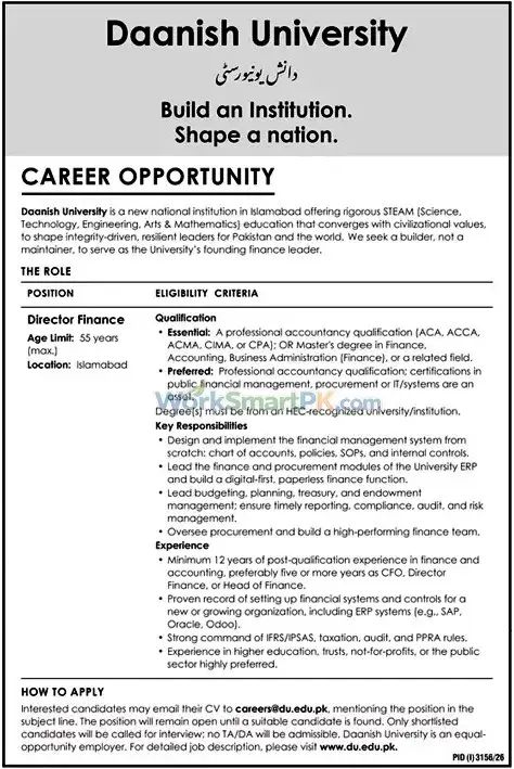 Daanish School Authority Islamabad Director Finance Jobs Duniya 07-10-2026