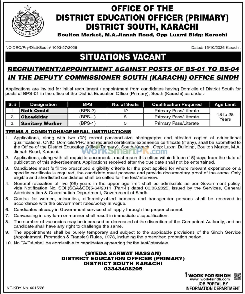 District Education Officer Primary District South Karachi BS1-BS04 Jobs Dawn 22-10-2026