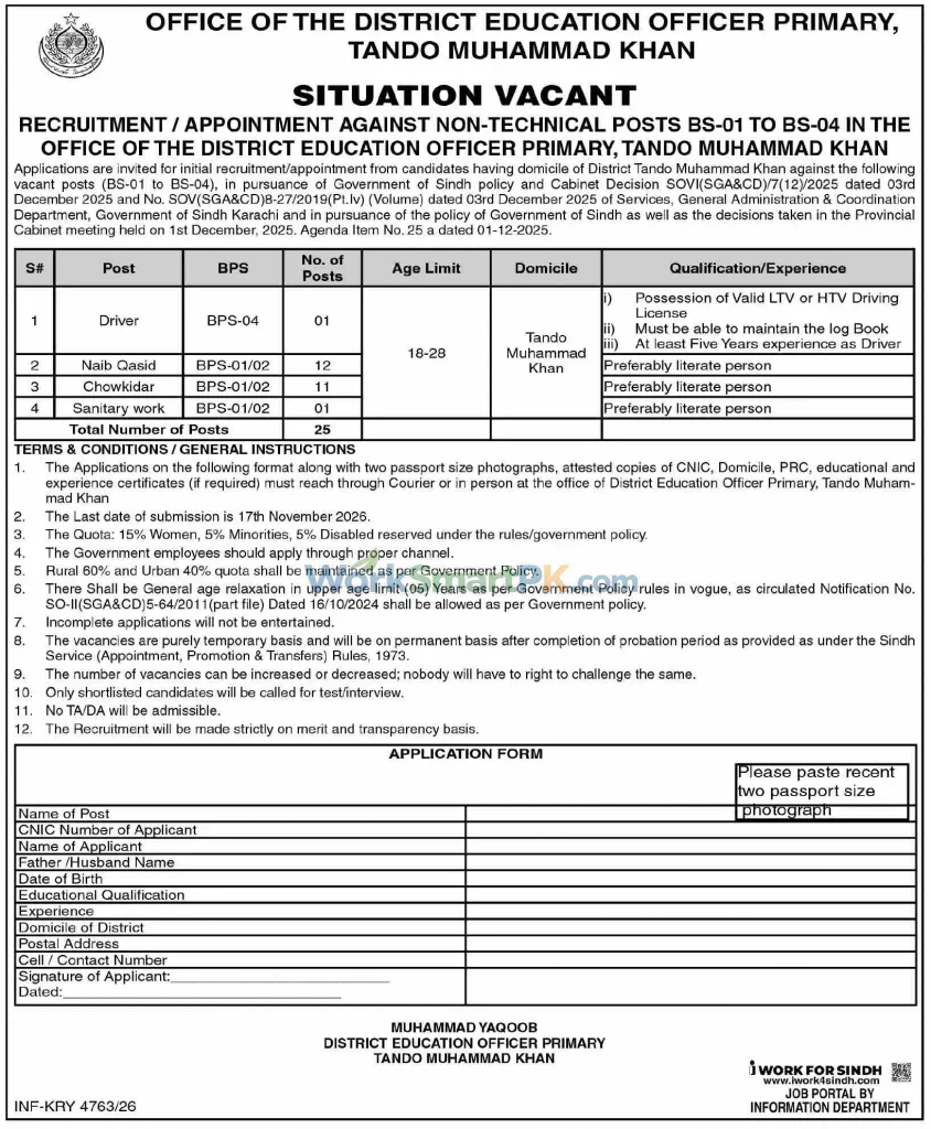 District Education Officer Primary Tando Muhammad Khan Class IV Jobs Duniya 28-10-2026