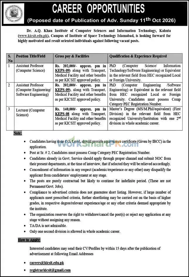 Dr AQ Khan Institute of Computer Sciences Kahuta Assistant Professor Jobs Express 11-10-2026