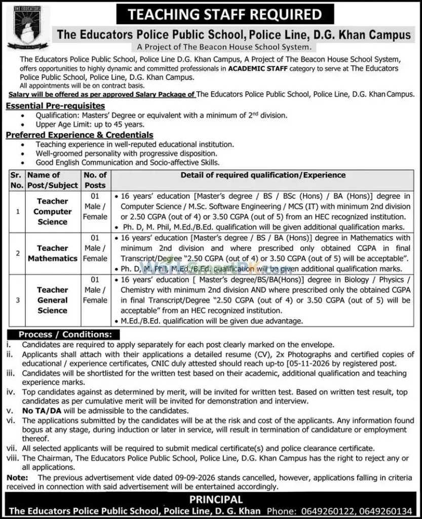 Educators Police Public School Dera Ghazi Khan Teaching Jobs Express 20-10-2026