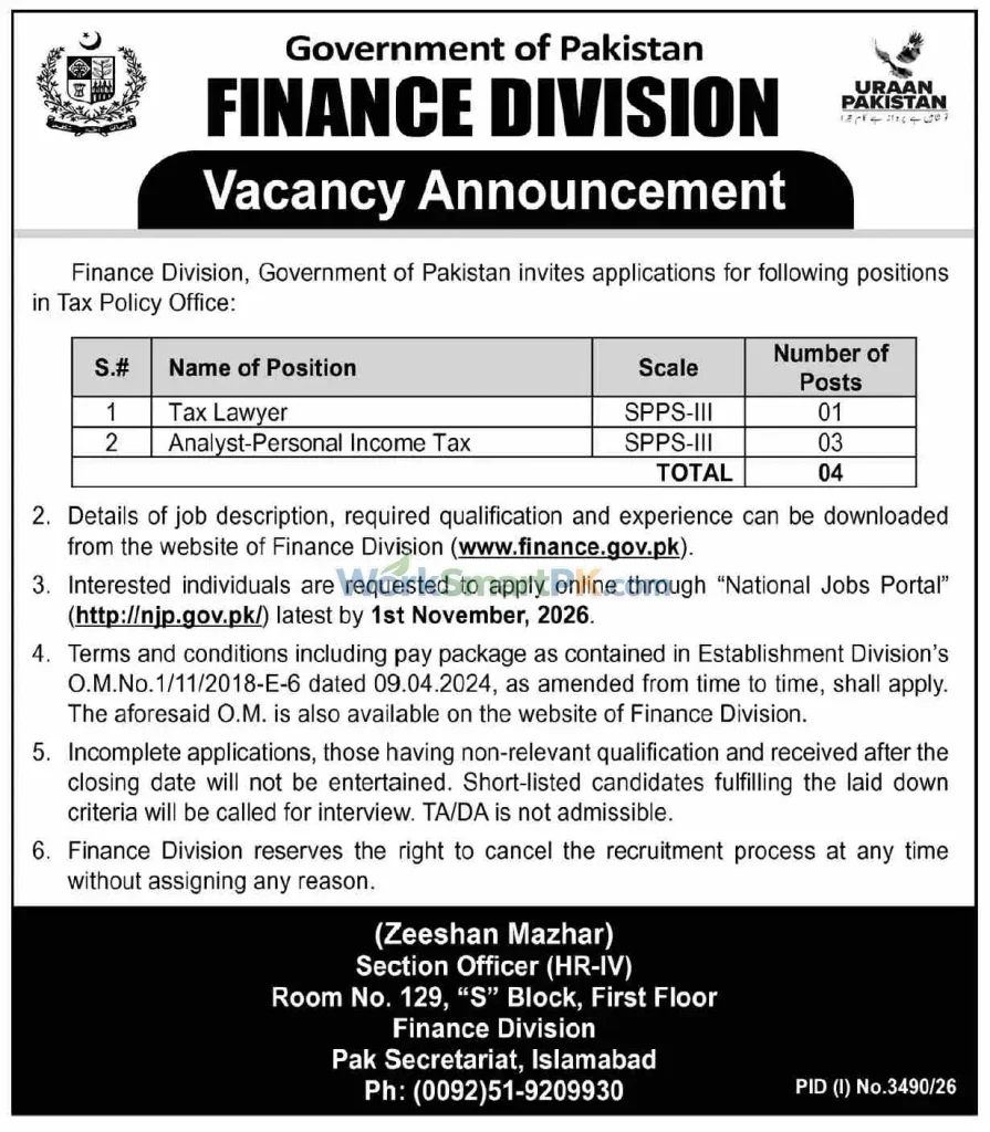 Finance Division Islamabad Jobs DAWN 19-10-2026