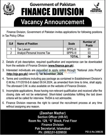 Finance Division Islamabad Tax Lawyer Jobs Jang 18-10-2026