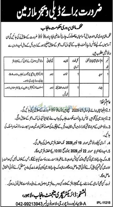 Fisheries Department Punjab Lahore Daily Wages Jobs Jang 23-10-2026