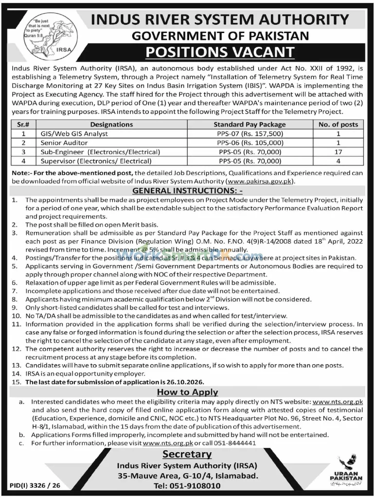 Indus River System Authority Islamabad Jobs DAWN 11-10-2026
