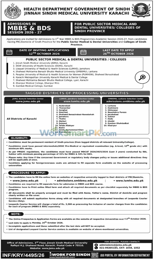 Jinnah Sindh Medical University Karachi MBBS BDS Admissions DAWN 11-10-2026