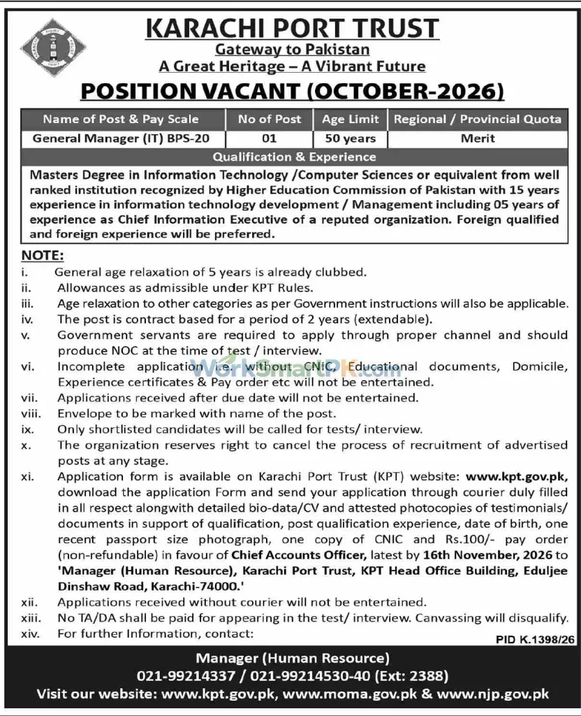 Karachi Port Trust Karachi GM IT Jobs Dawn 25-10-2026