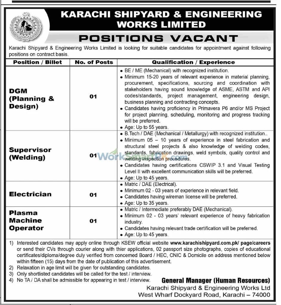 Karachi Shipyard & Engineering Works Limited Karachi DGM Planning & Design Jobs Dawn 25-10-2026