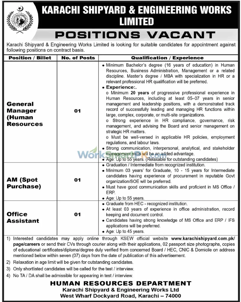 Karachi Shipyard & Engineering Works Ltd GM HR Jobs DAWN 11-10-2026