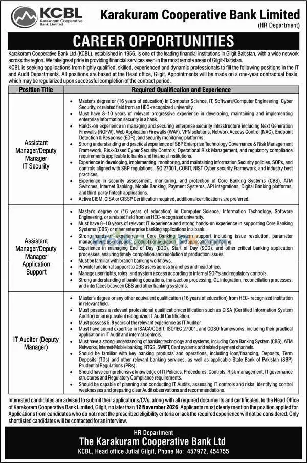 Karakuram Cooperative Bank Limited Gilgat Jobs Nawai Waqat 28-10-2026