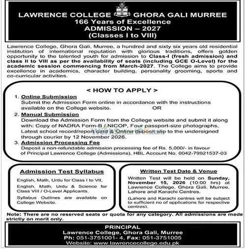 Lawrence College Ghora Gali Murree 8th Class Admissions Jang 21-10-2026