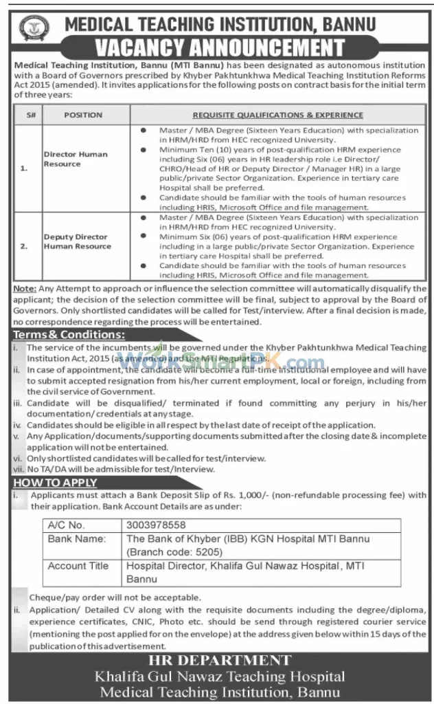 Medical Teaching Institution Bannu Director HR Jobs Dawn 17-10-2026
