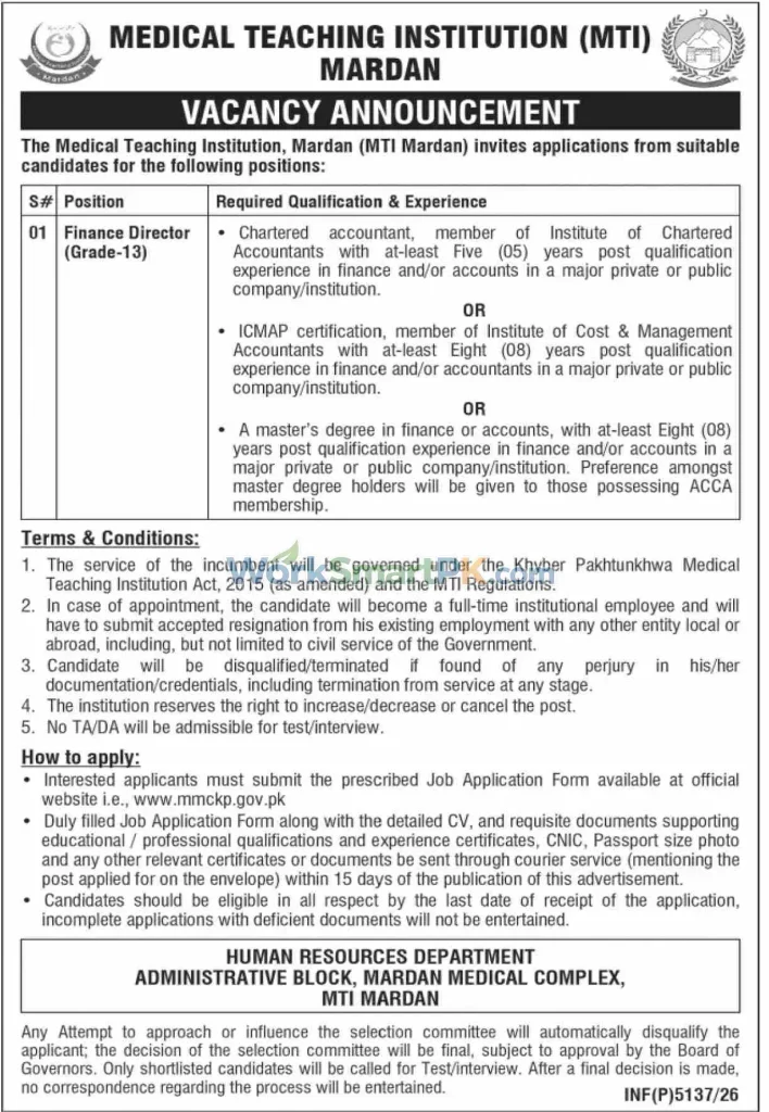 Medical Teaching Institution MTI Mardan Finance Director Jobs
