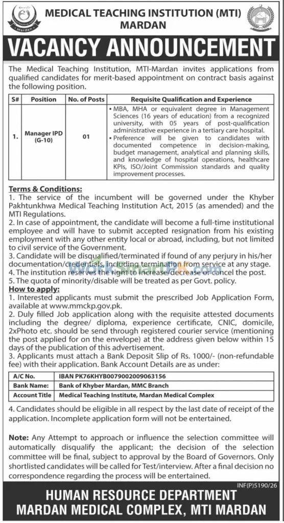 Medical Teaching Institution MTI Mardan Manager IPD Jobs Dawn 16-10-2026